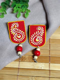 Red Hand-Painted Earrings with Motif & Wooden Bead Hangings