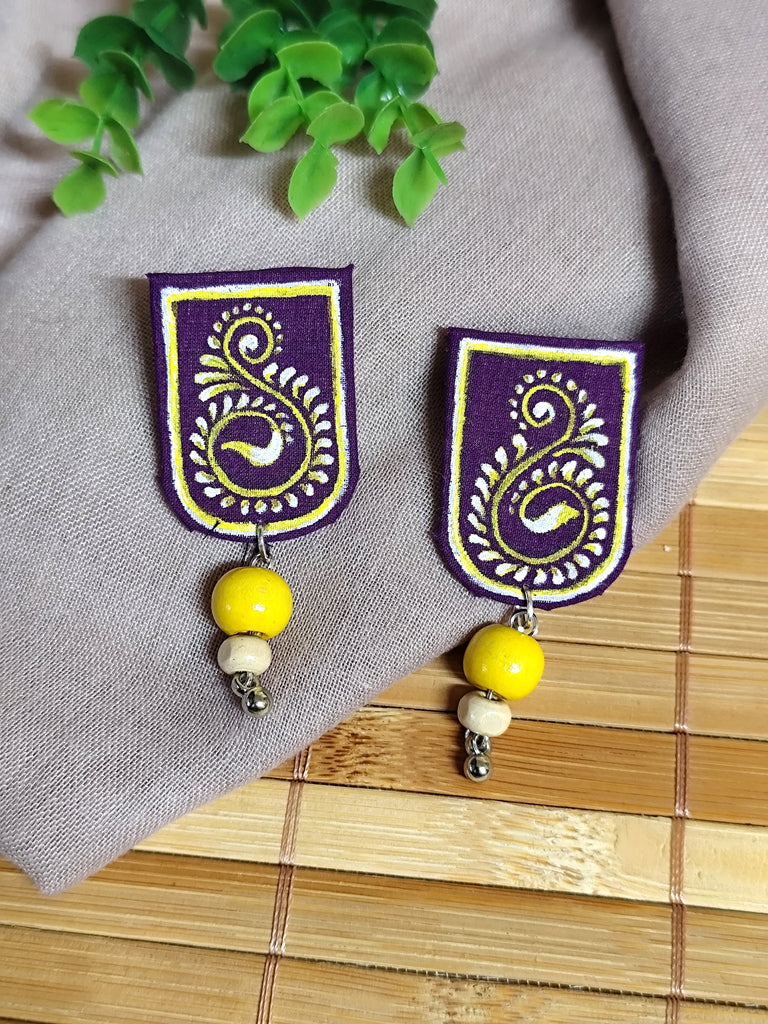 Purple Hand-Painted Earrings with Motif & Wooden Bead Hangings
