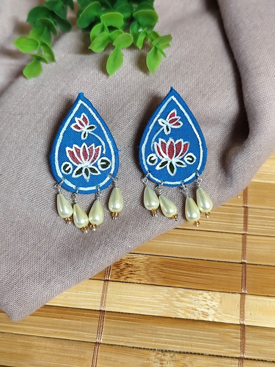 Light Blue Hand-Painted Earrings with Lotus Motif & Pearl Bead Hangings