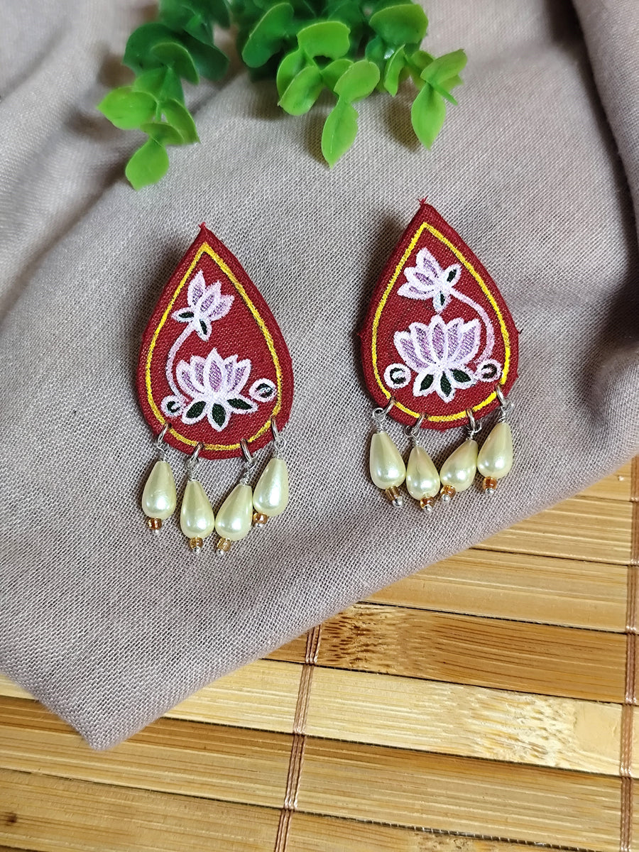 Red Hand-Painted Earrings with Motif & Wooden Bead Hangings