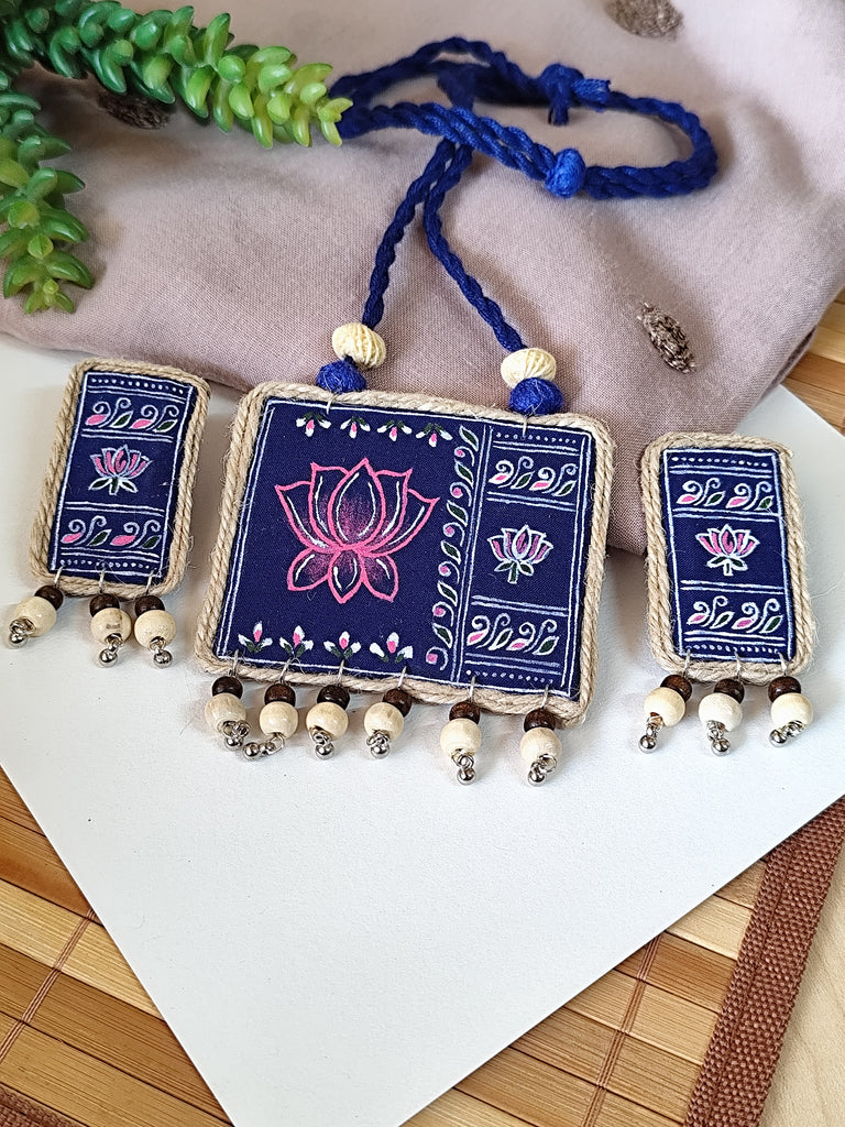 Navy Blue Hand Painted Lotus Motif Necklace set