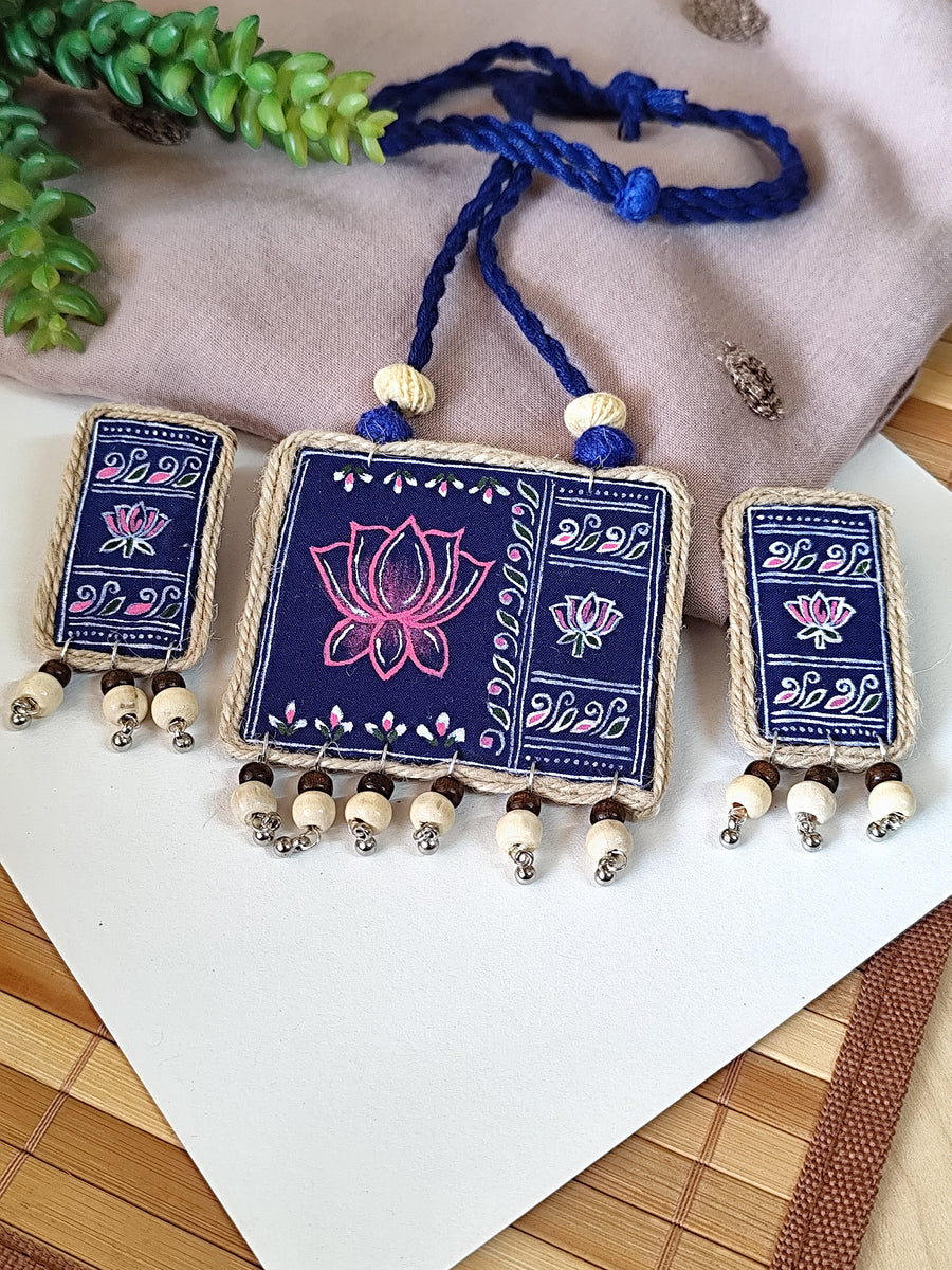 Navy Blue Hand Painted Lotus Motif Necklace set