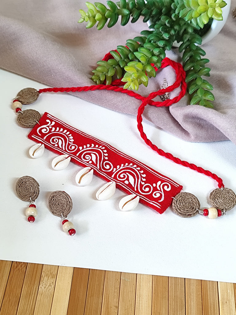 Hand painted Fabric Red Choker Set With Cowrie Shells & Jute Details