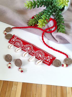 Hand painted Fabric Red Choker Set With Cowrie Shells & Jute Details