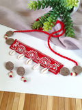 Hand painted Fabric Red Choker Set With Cowrie Shells & Jute Details