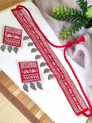 Hand painted Fabric Red Choker Set With Leaf Charms