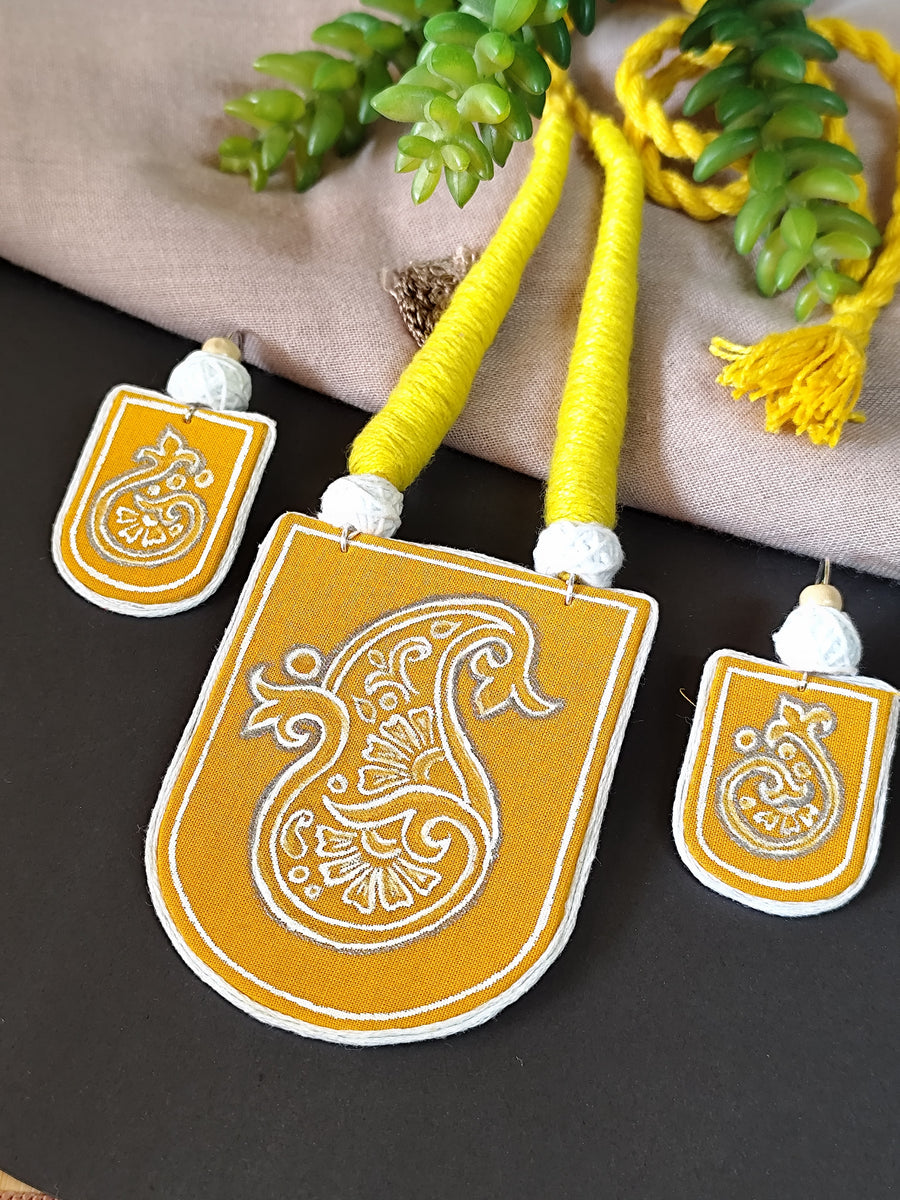 Yellow Hand Painted Fabric Motif Necklace set
