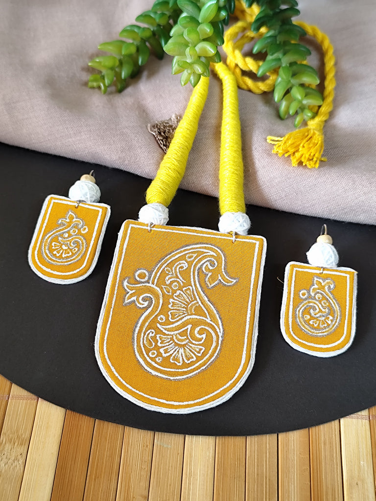 Yellow Hand Painted Fabric Motif Necklace set