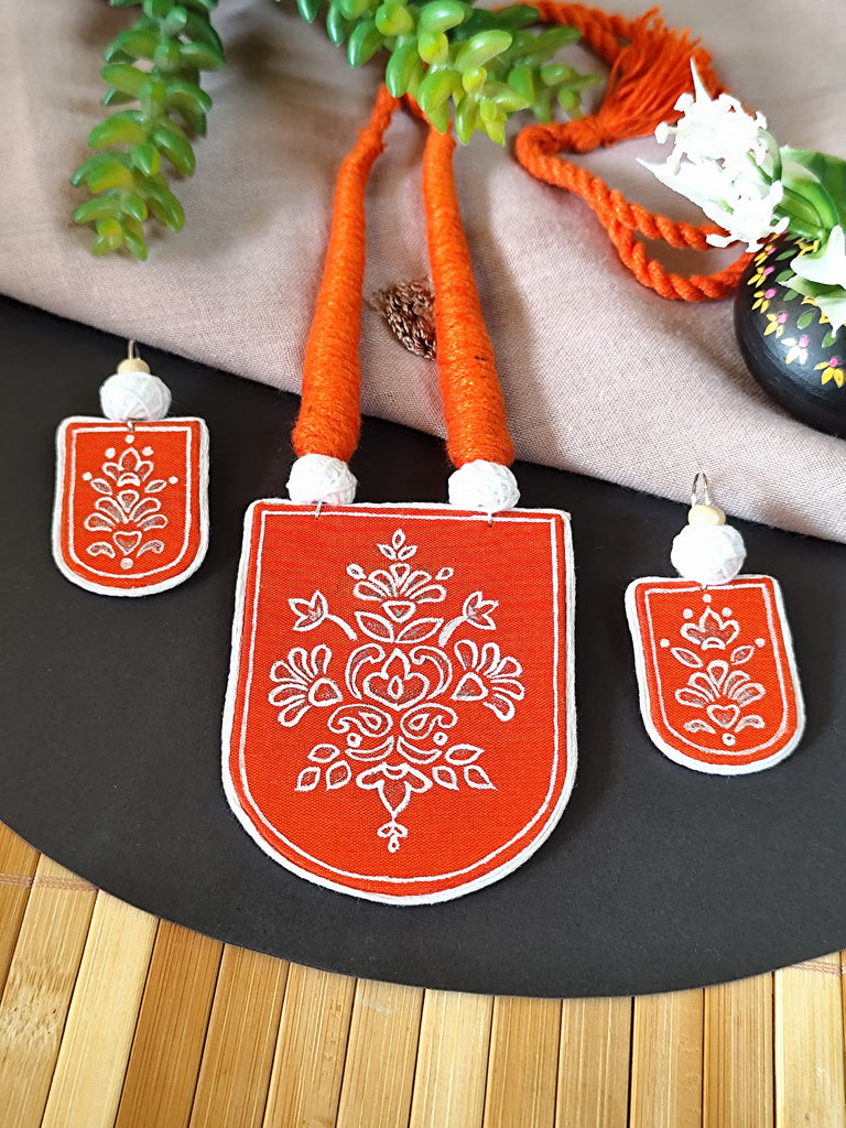 Orange Hand Painted Fabric Motif Necklace set