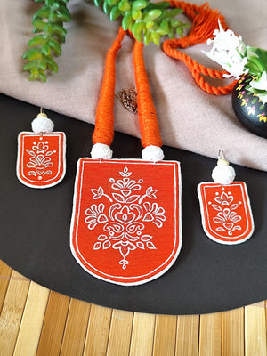 Orange Hand Painted Fabric Motif Necklace set
