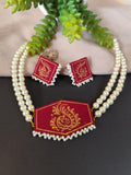 Maroon Hand-Painted Choker Necklace Set with Pearls Design 5