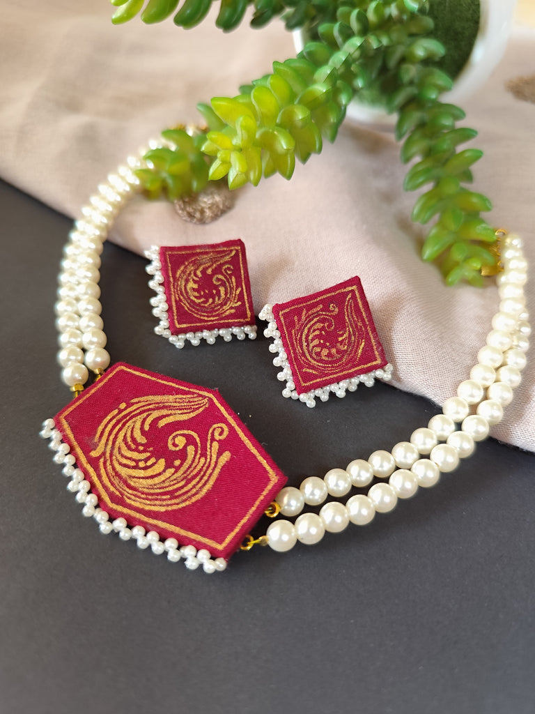 Maroon Hand-Painted Choker Necklace Set with Pearls Design 4