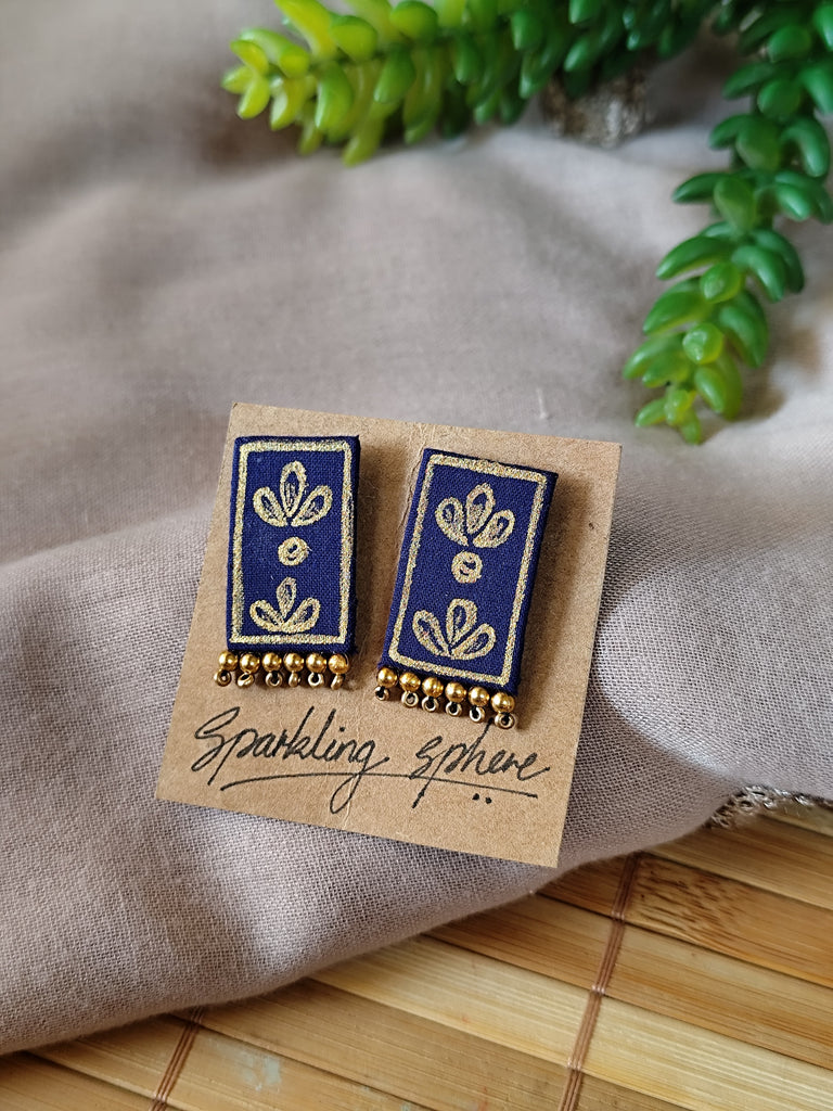 Navy Blue Hand-painted Earrings with Golden Motif Rectangle shape with Golden Beads Detail