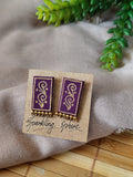 Purple Hand-painted Earrings with Golden Motif Rectangle shape with Golden Beads