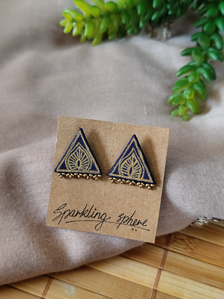 Navy Blue Hand-painted Earrings with Golden Motif Triangle shape with Golden Beads