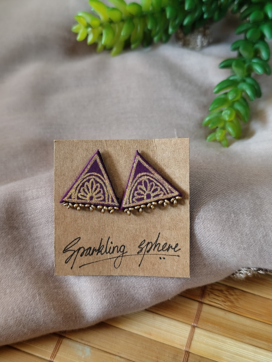 Purple Hand-painted Earrings with Golden Motif Triangle shape with Golden Beads