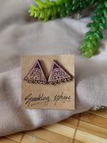 Purple Hand-painted Earrings with Golden Motif Triangle shape with Golden Beads