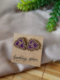Purple Hand-painted Earrings with Golden Motif Small Triangle with Golden Beads