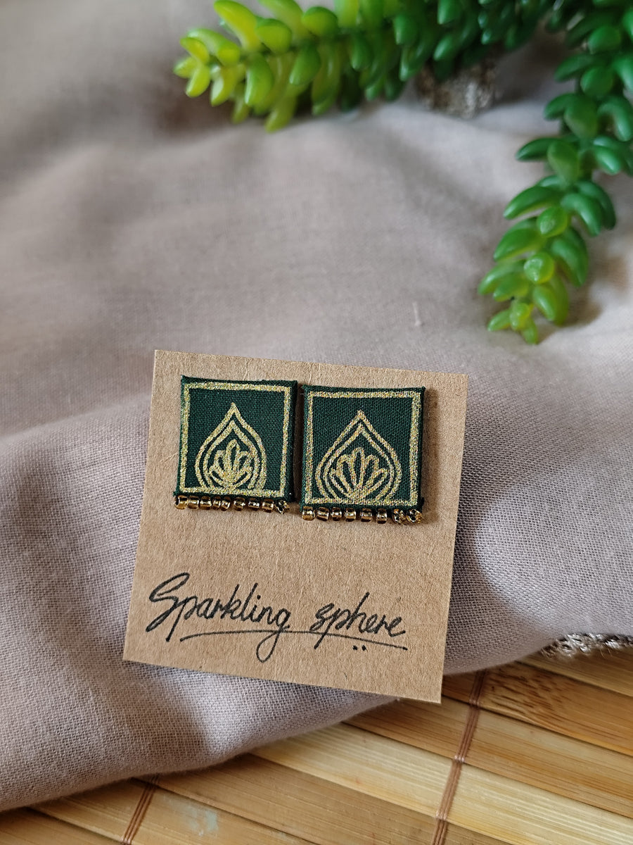 Dark Green Hand-painted Earrings with Golden Motif Square with Golden Seed Beads