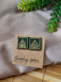 Dark Green Hand-painted Earrings with Golden Motif Square with Golden Seed Beads