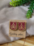 Maroon Hand-painted Earrings with Golden Motif Crest Shape with Golden Bead