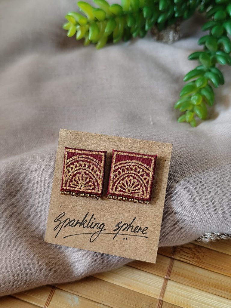 Maroon Hand-painted Earrings with Golden Motif Square with Golden Seed Beads