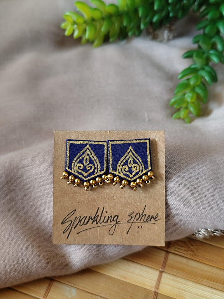 Navy Blue Hand-painted Earrings with Golden Motif Pentagon shape with Golden Beads