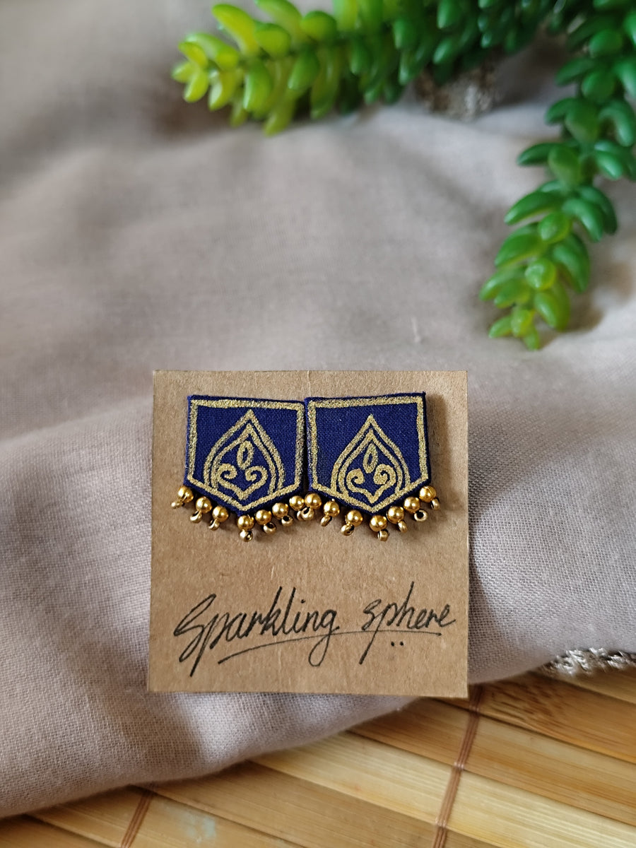Navy Blue Hand-painted Earrings with Golden Motif Pentagon shape with Golden Beads