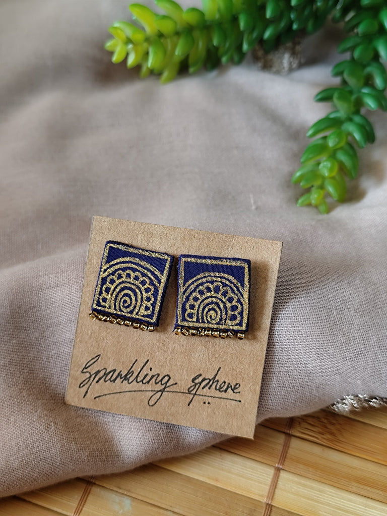 Navy Blue Hand-painted Earrings with Golden Motif Square with Golden Seed Beads