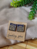 Navy Blue Hand-painted Earrings with Golden Motif Square with Golden Seed Beads