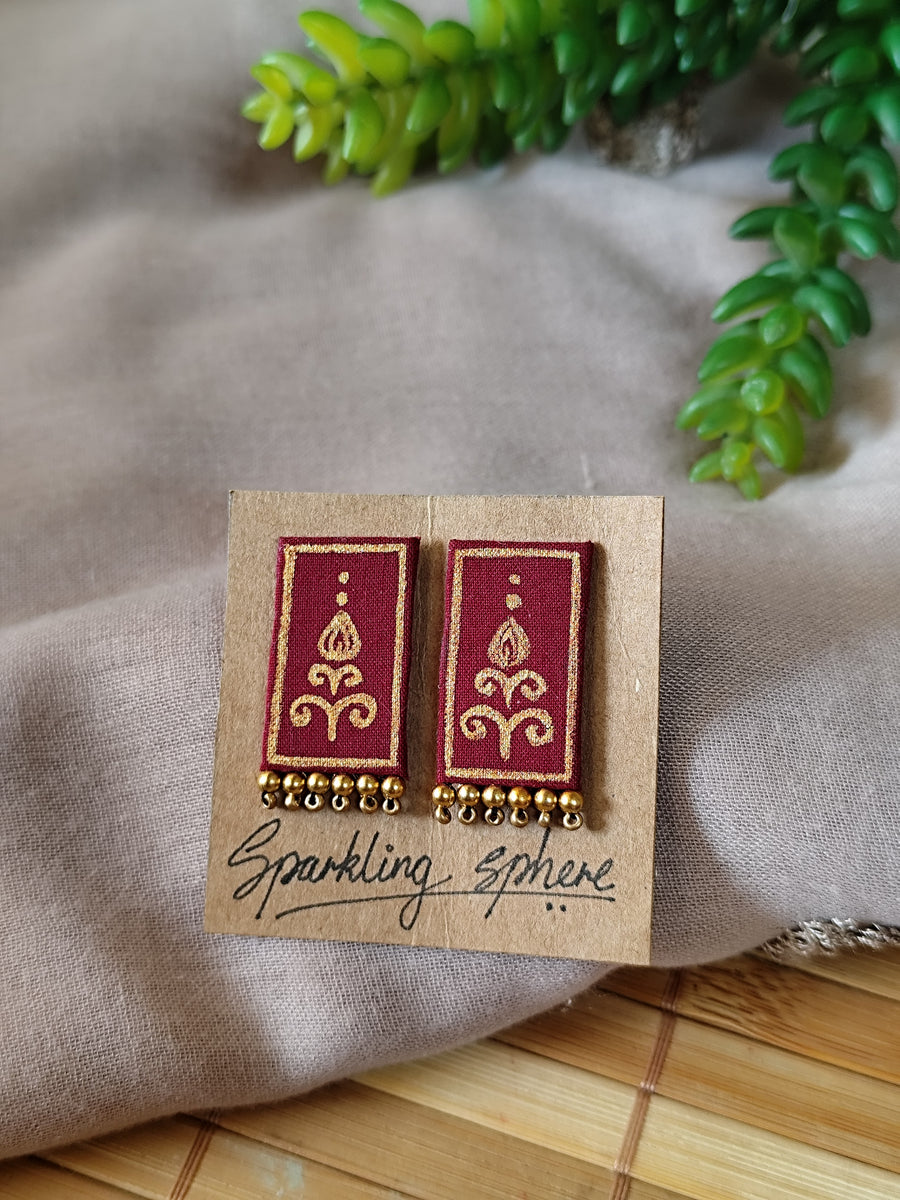 Maroon Hand-painted Earrings with Golden Motif Rectangle shape with Golden Beads