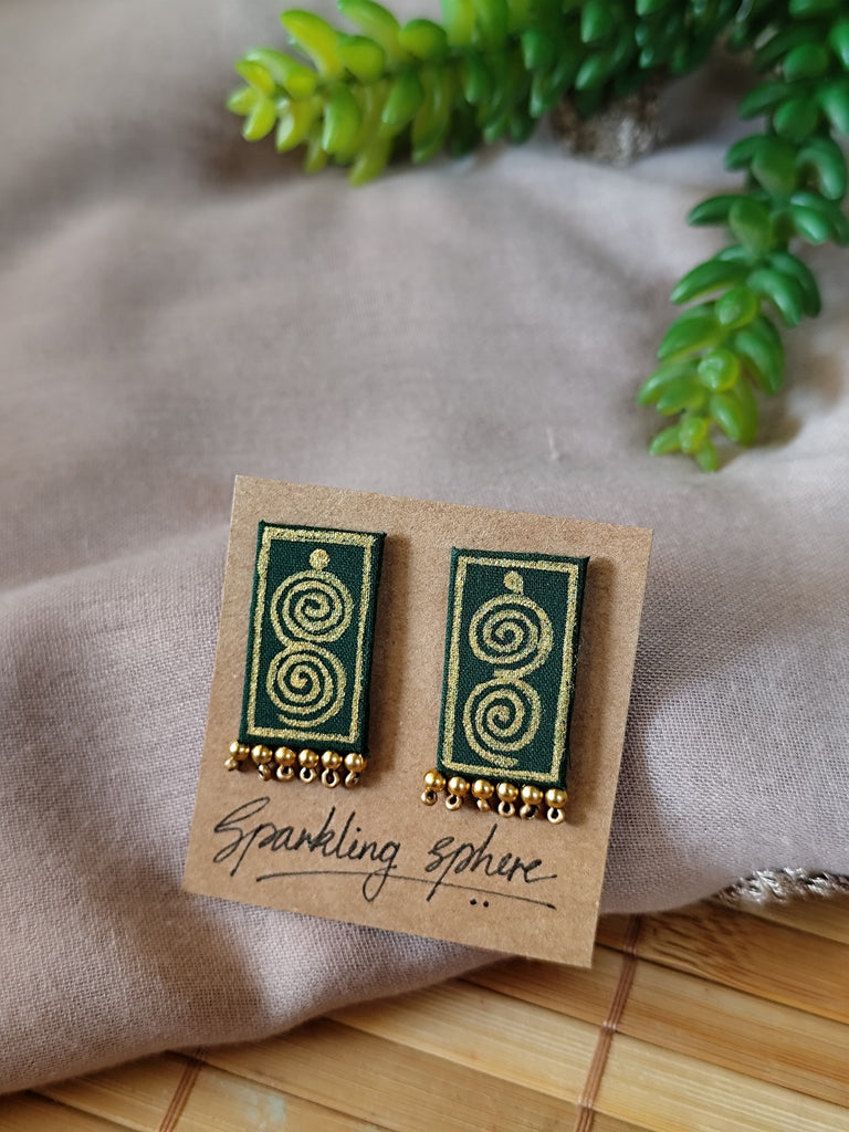 Dark Green Hand-painted Earrings with Golden Motif Rectangle shape with Golden Beads