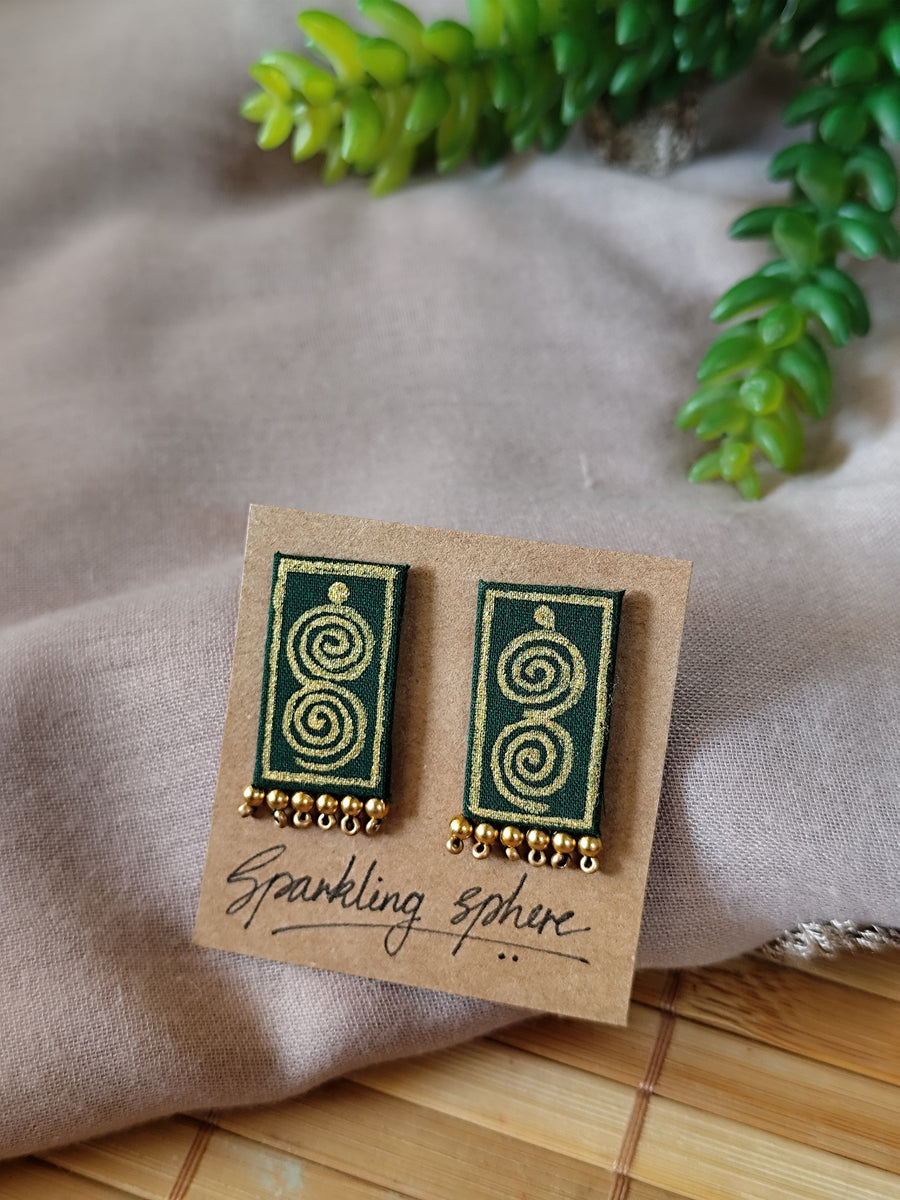Dark Green Hand-painted Earrings with Golden Motif Rectangle shape with Golden Beads