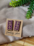 Purple Hand-painted Earrings with Golden Motif Narrow Rectangle shape with Golden Beads