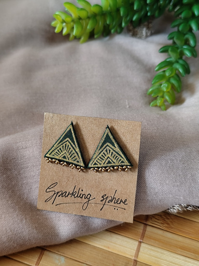 Dark Green Hand-painted Earrings with Golden Motif Triangle shape with Golden Beads