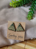 Dark Green Hand-painted Earrings with Golden Motif Triangle shape with Golden Beads