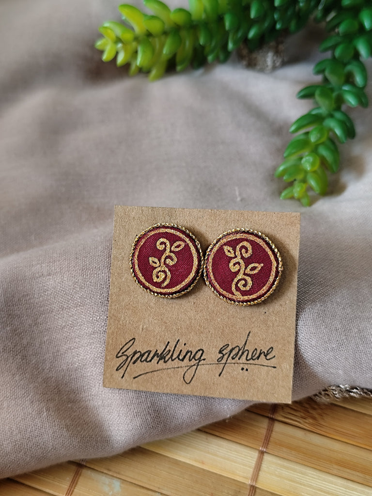 Maroon Hand-painted Earrings with Golden Motif Round