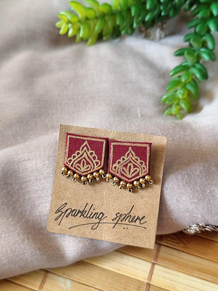 Maroon Hand-painted Earrings with Golden Motif Pentagon shape with Golden Beads