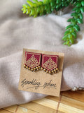 Maroon Hand-painted Earrings with Golden Motif Pentagon shape with Golden Beads