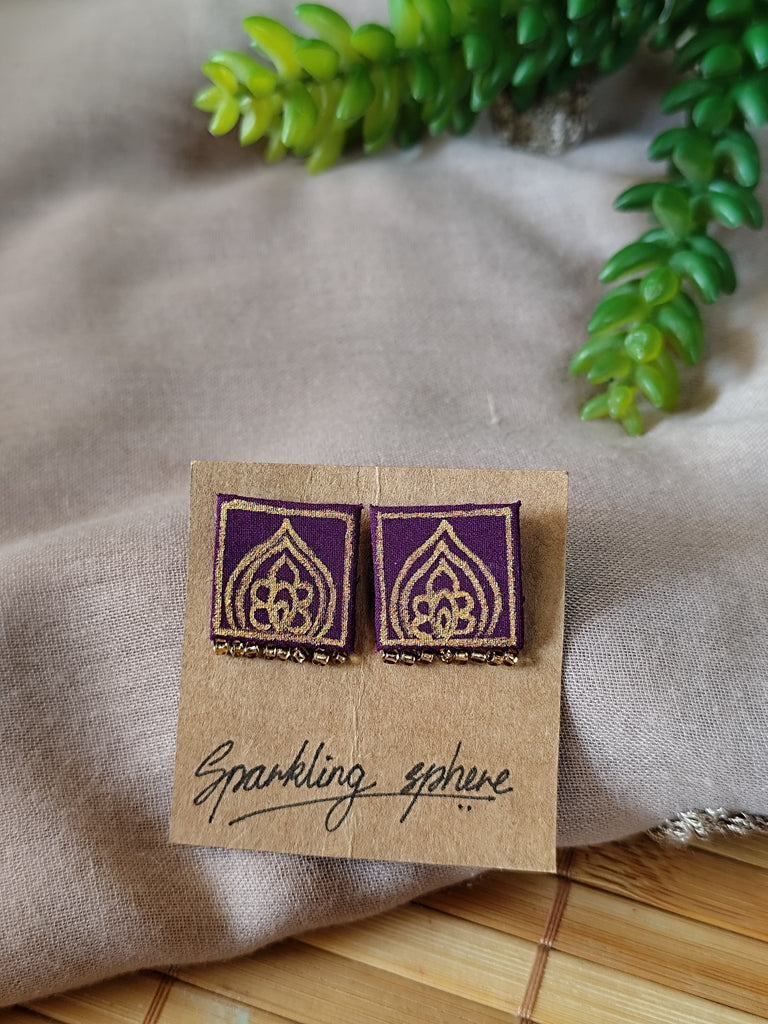 Purple Hand-painted Earrings with Golden Motif Square with Golden Seed Beads