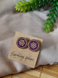 Purple Hand-painted Earrings with Golden Motif Round