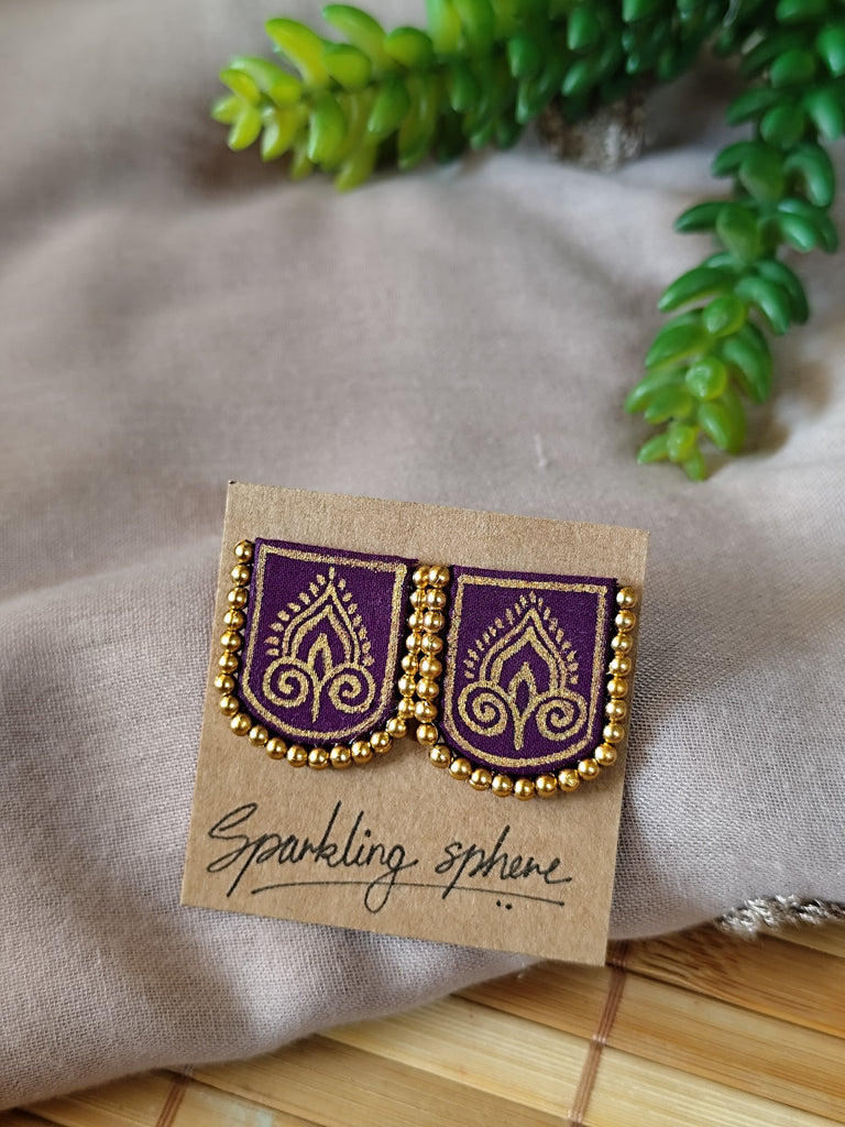 Purple Hand-painted Earrings with Golden Motif Crest Shape with Golden Bead