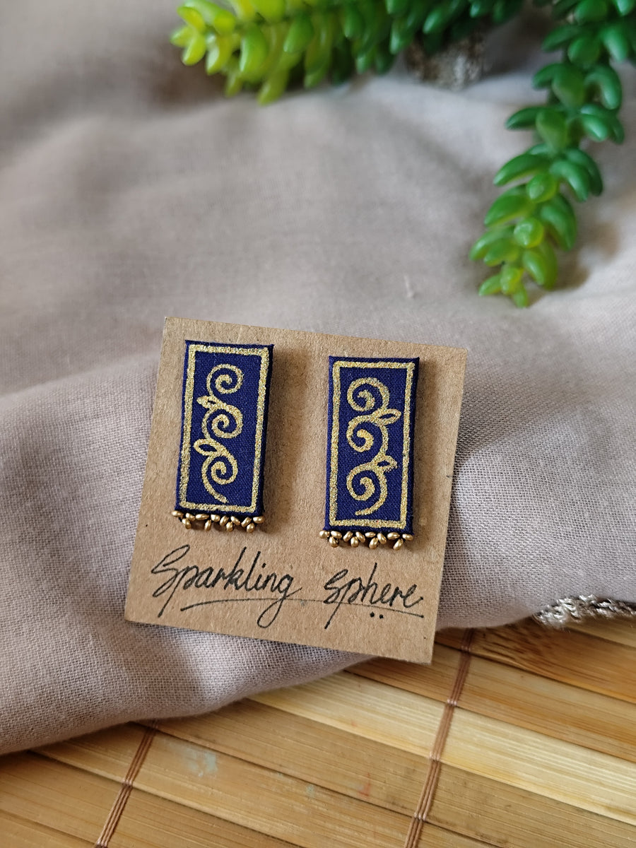 Navy Blue Hand-painted Earrings with Golden Motif Narrow Rectangle shape with Golden Beads
