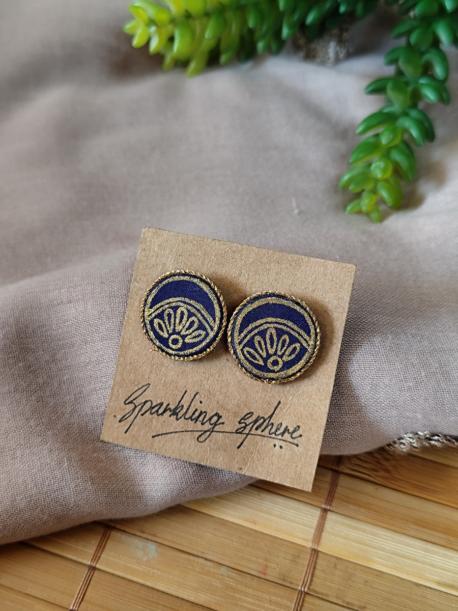 Navy Blue Hand-painted Earrings with Golden Motif Round