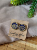 Navy Blue Hand-painted Earrings with Golden Motif Round