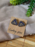 Navy Blue Hand-painted Earrings with Golden Motif Small Triangle with Golden Beads