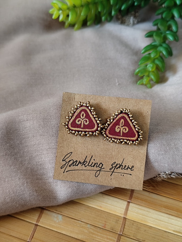 Maroon Hand-painted Earrings with Golden Motif Small Triangle with Golden Beads