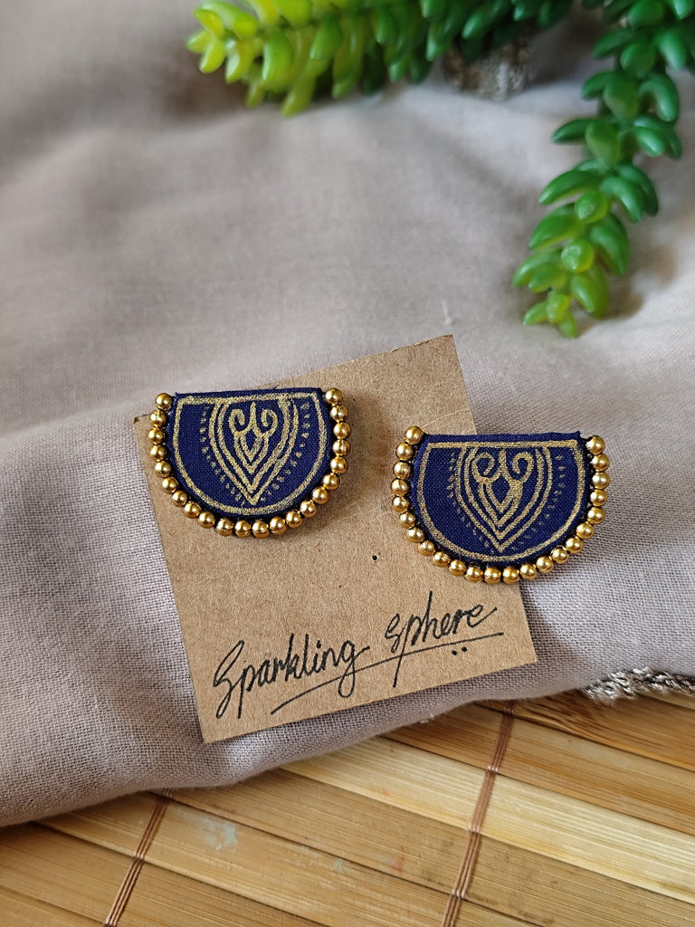 Navy Blue Hand-painted Earrings with Golden Motif Semi Circle with Golden Beads