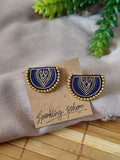 Navy Blue Hand-painted Earrings with Golden Motif Semi Circle with Golden Beads