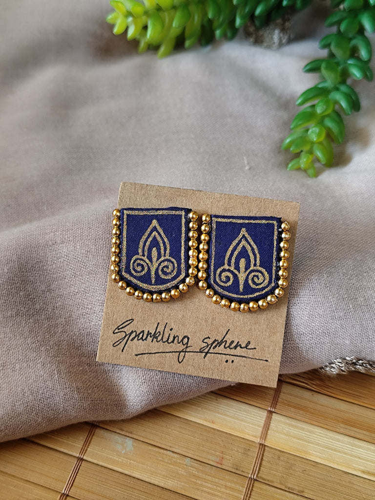 Navy Blue Hand-painted Earrings with Golden Motif Crest Shape with Golden Bead